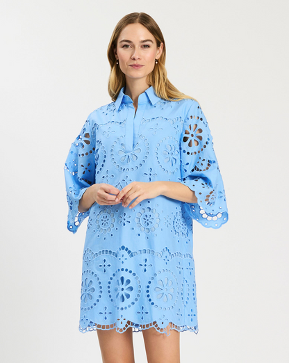 Penny Eyelet Dress in blue floral eyelet with flared sleeves, Tyler Boe, Fredericksburg boutique