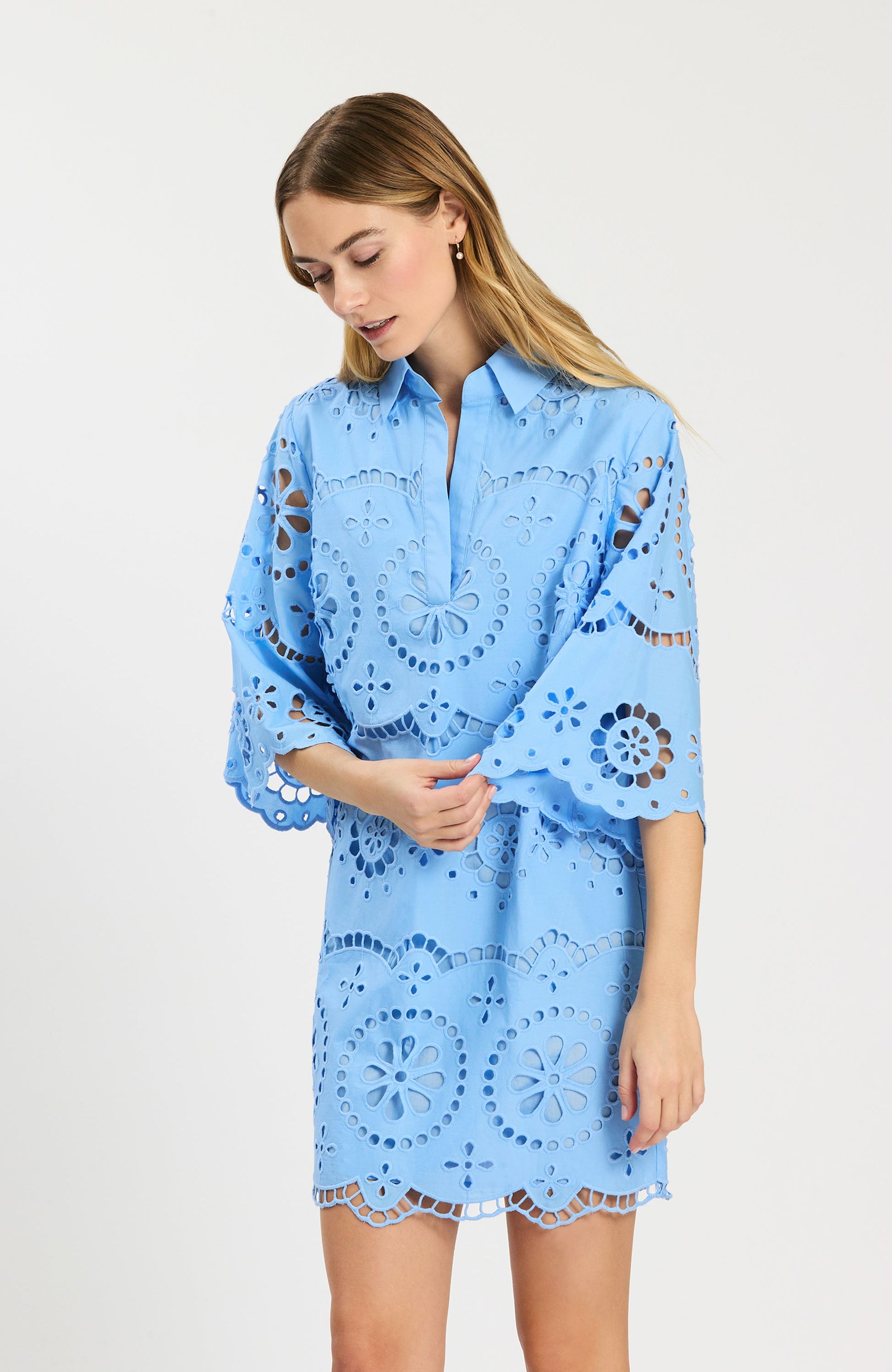 Penny Eyelet Dress in blue floral eyelet with flared sleeves, Tyler Boe, Fredericksburg boutique