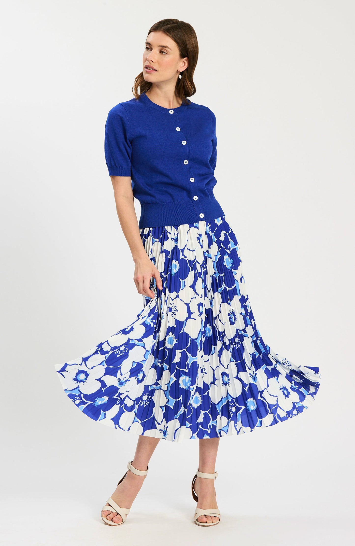 Cara Cerulean Floral Pleated Skirt with bold blue floral print, Tyler Boe, Women's Skirts HCO