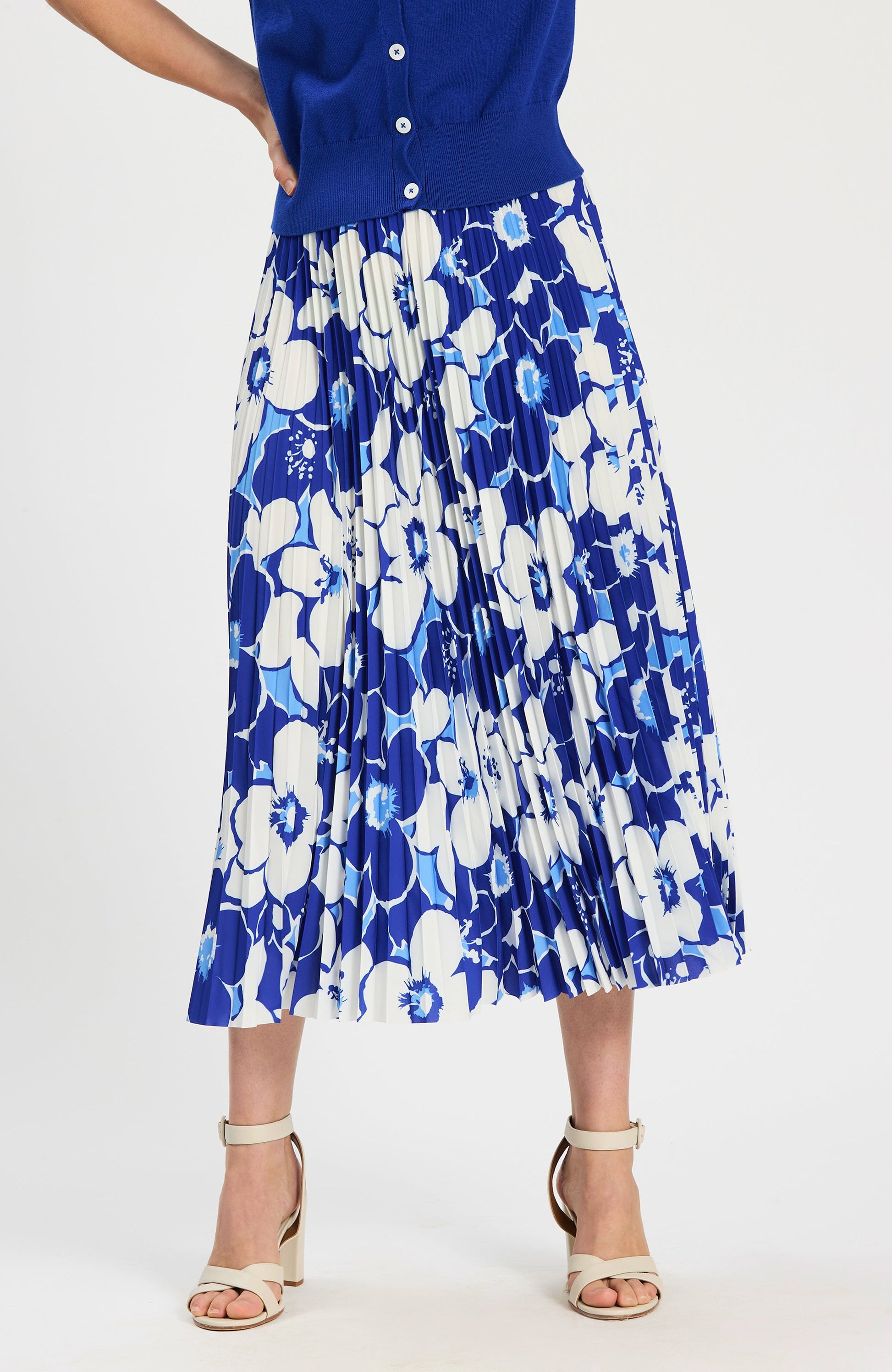 Cara Cerulean Floral Pleated Skirt with blue and white floral print, Tyler Boe, HCO Fredericksburg