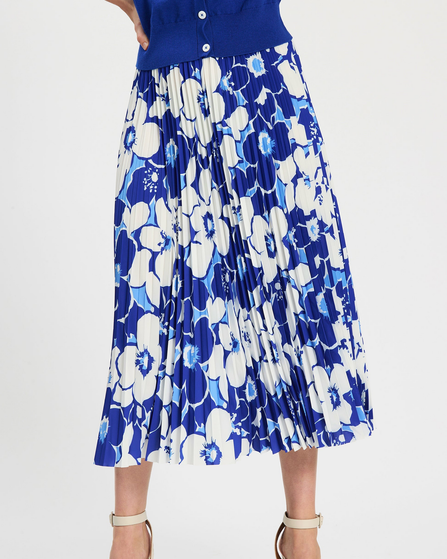 Cara Cerulean Floral Pleated Skirt in bold blue floral print, Tyler Boe, Fredericksburg boutique