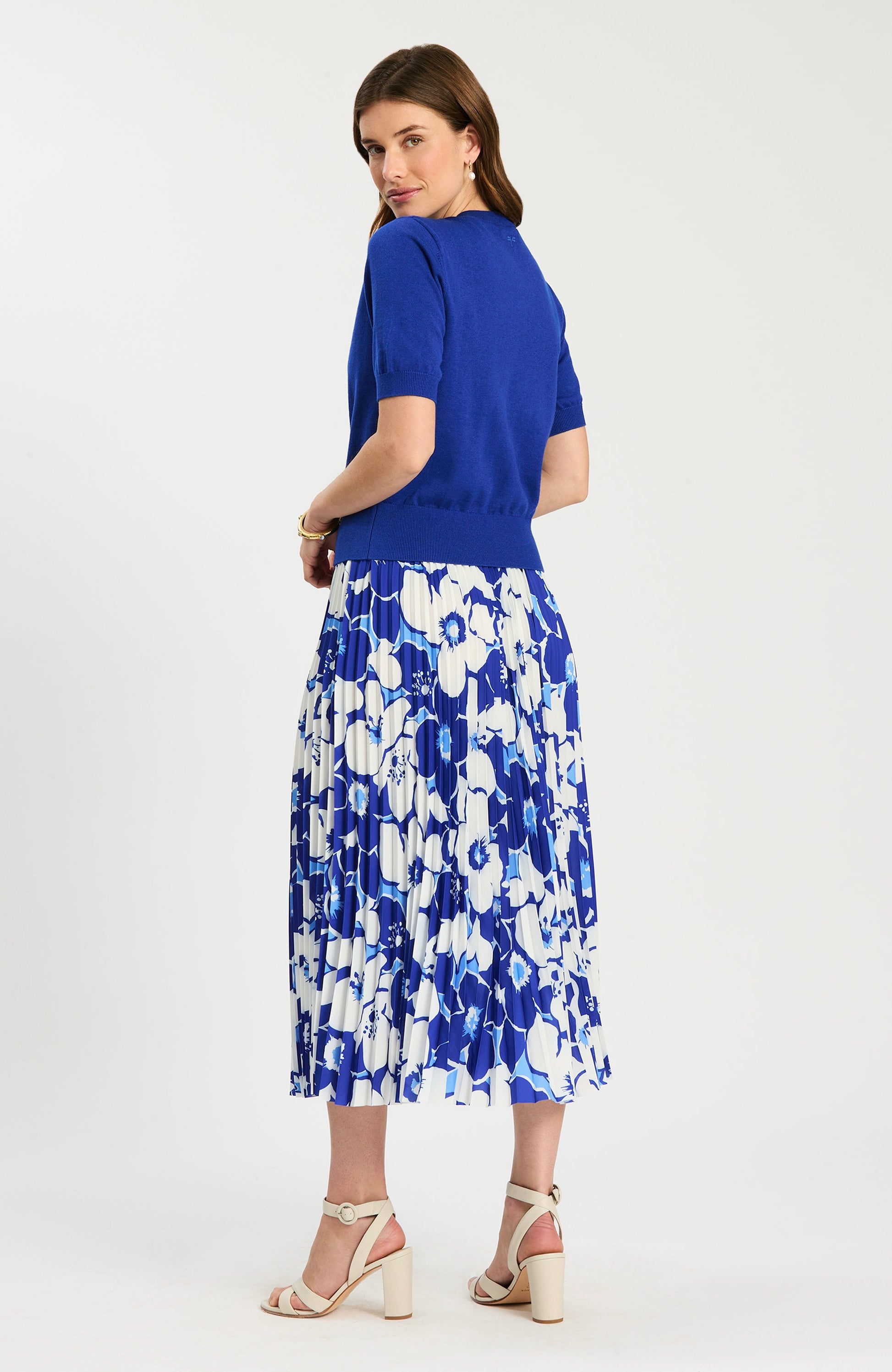 Cara Cerulean Floral Pleated Skirt with bold blue floral print, Tyler Boe, Women's Skirts at HCO