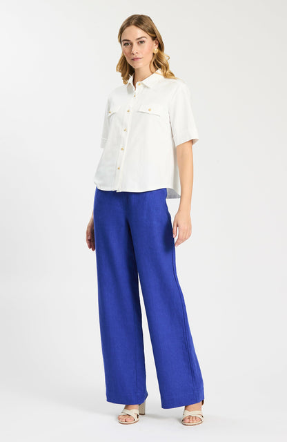 Gold Button Club Shirt in white cotton-spandex with gold-tone buttons, Tyler Boe style