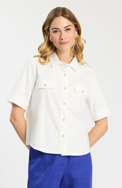 Gold Button Club Shirt in white cotton-spandex with gold buttons, Tyler Boe, Fredericksburg boutique