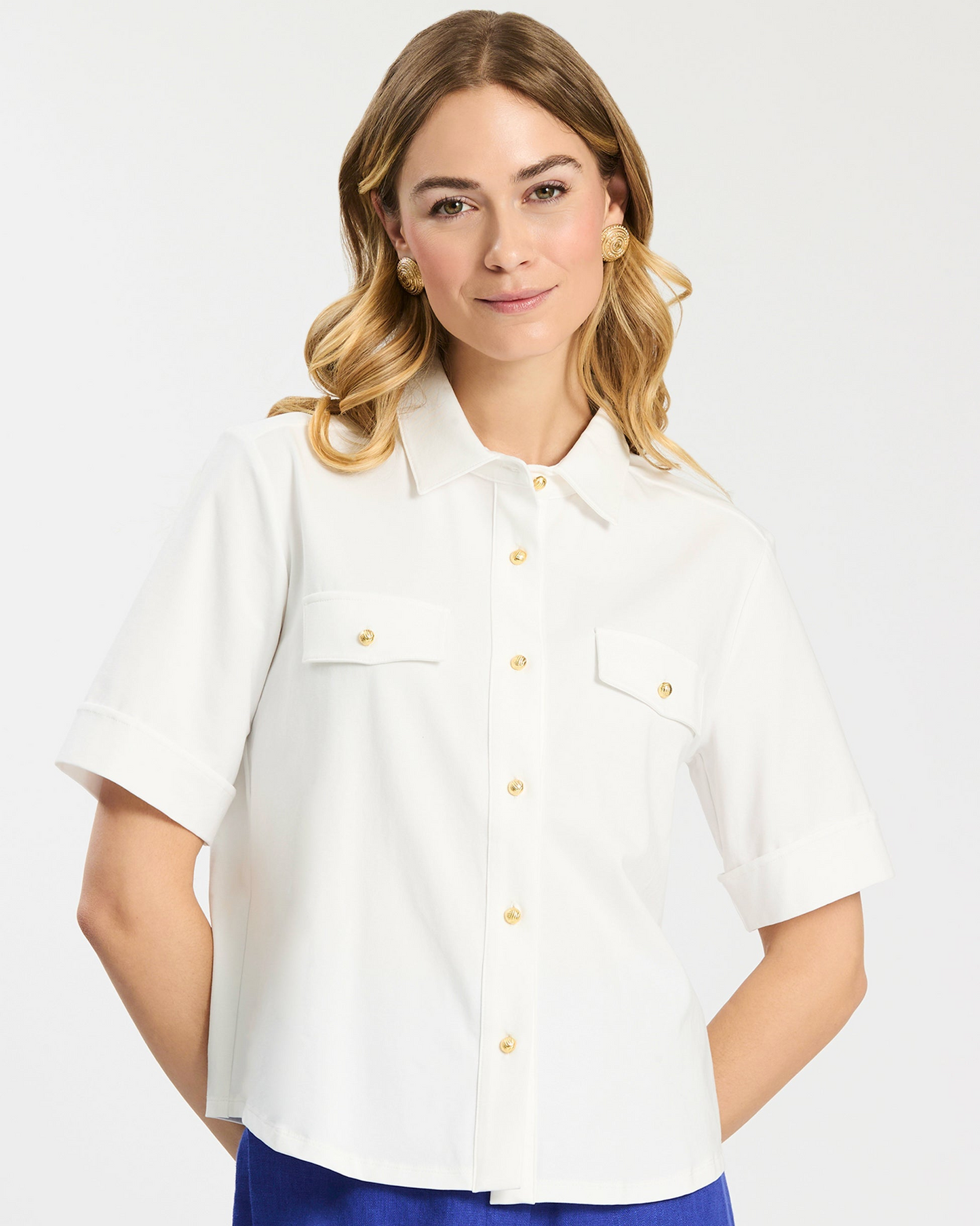 Gold Button Club Shirt in white cotton-spandex with gold-tone buttons, Tyler Boe women's style
