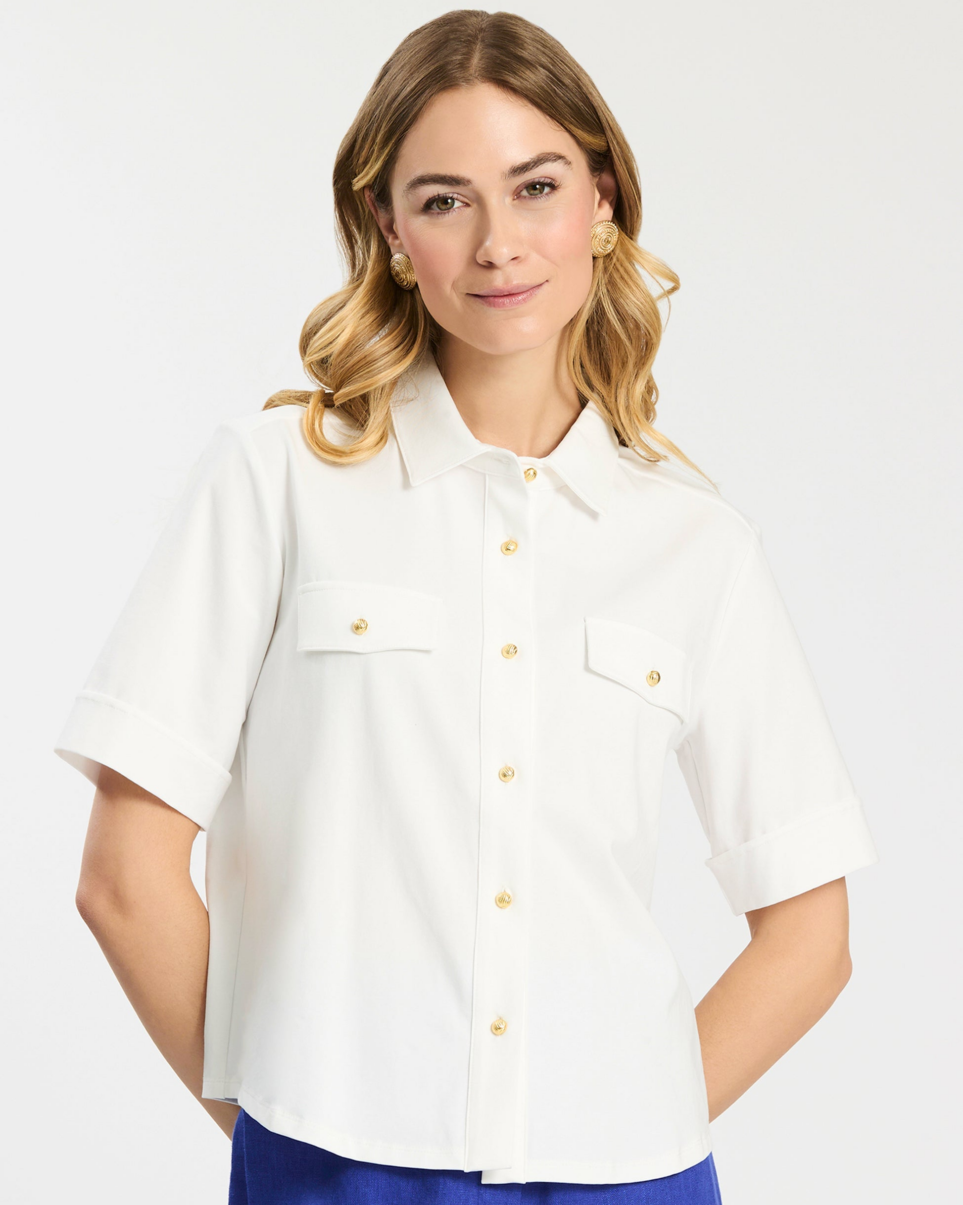 Gold Button Club Shirt in white cotton-spandex with gold-tone buttons, Tyler Boe women's style