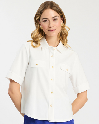 Gold Button Club Shirt in white cotton-spandex with gold-tone buttons, Tyler Boe women's style