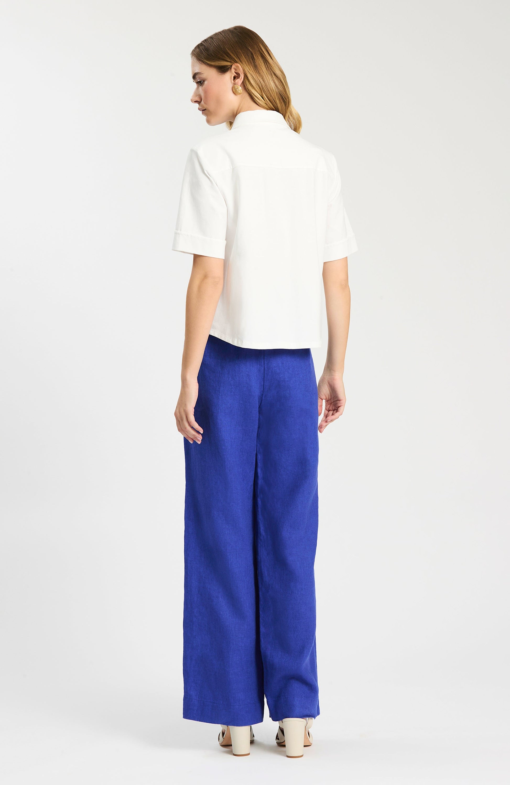 Gold Button Club Shirt in white cotton-spandex with short sleeves, Tyler Boe women's style