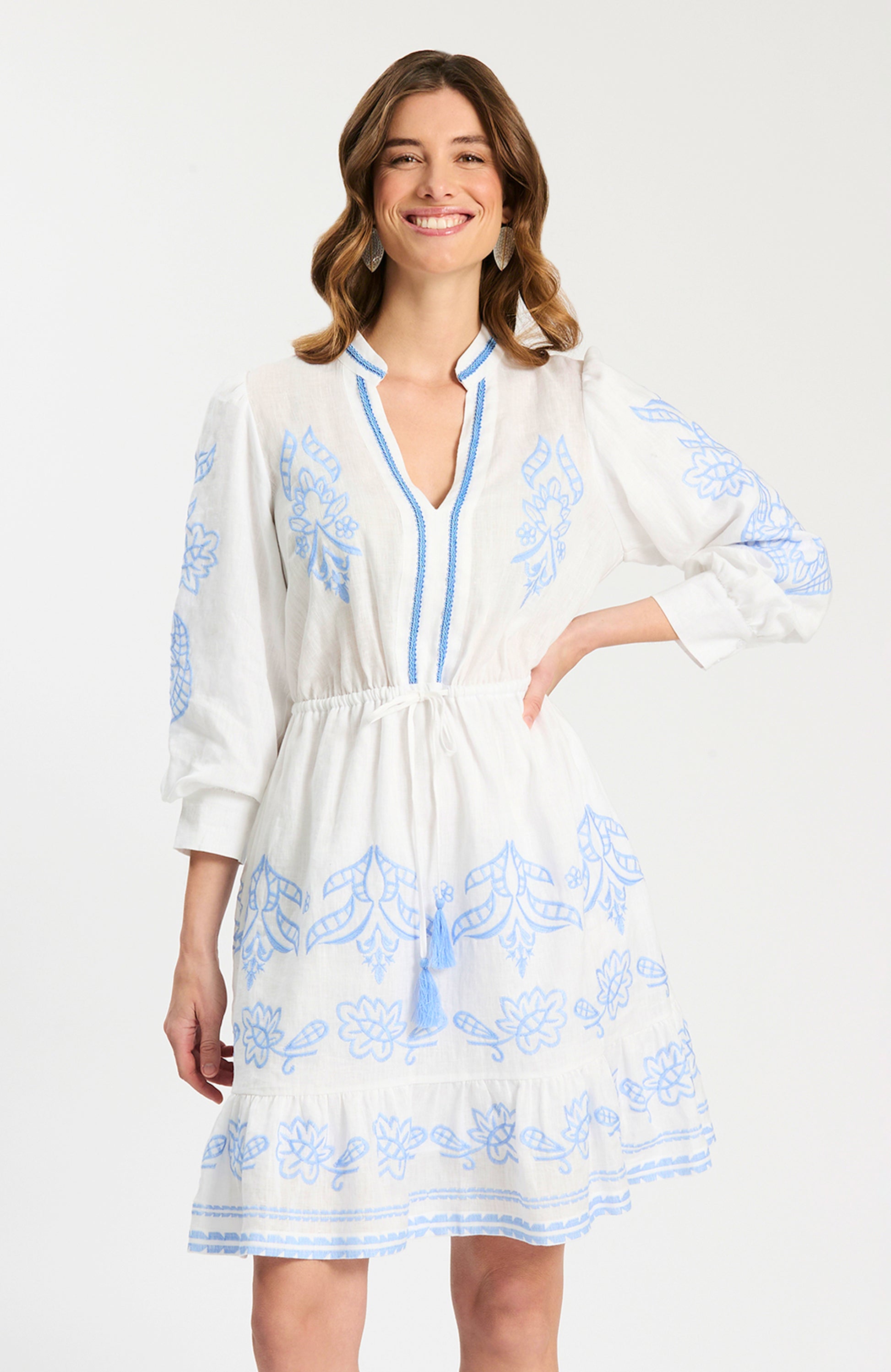 Rona Linen Embroidered Dress in white linen with blue floral embroidery and tie waist, Tyler Boe
