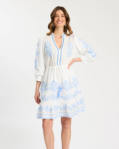 Rona Linen Embroidered Dress in white linen with blue floral embroidery and flattering tie waist