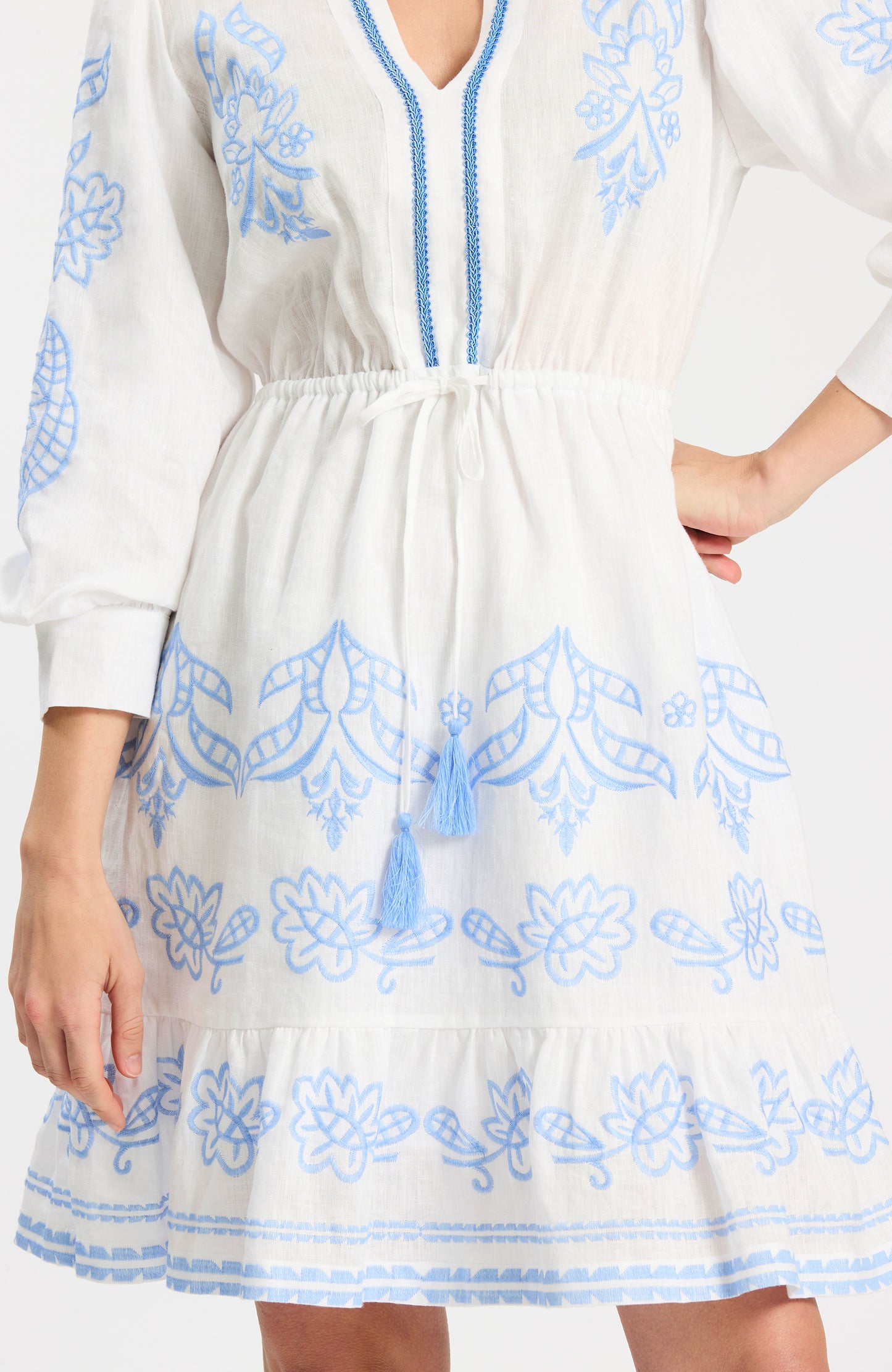 Rona Linen Embroidered Dress in white linen with blue floral embroidery and tie waist, Tyler Boe