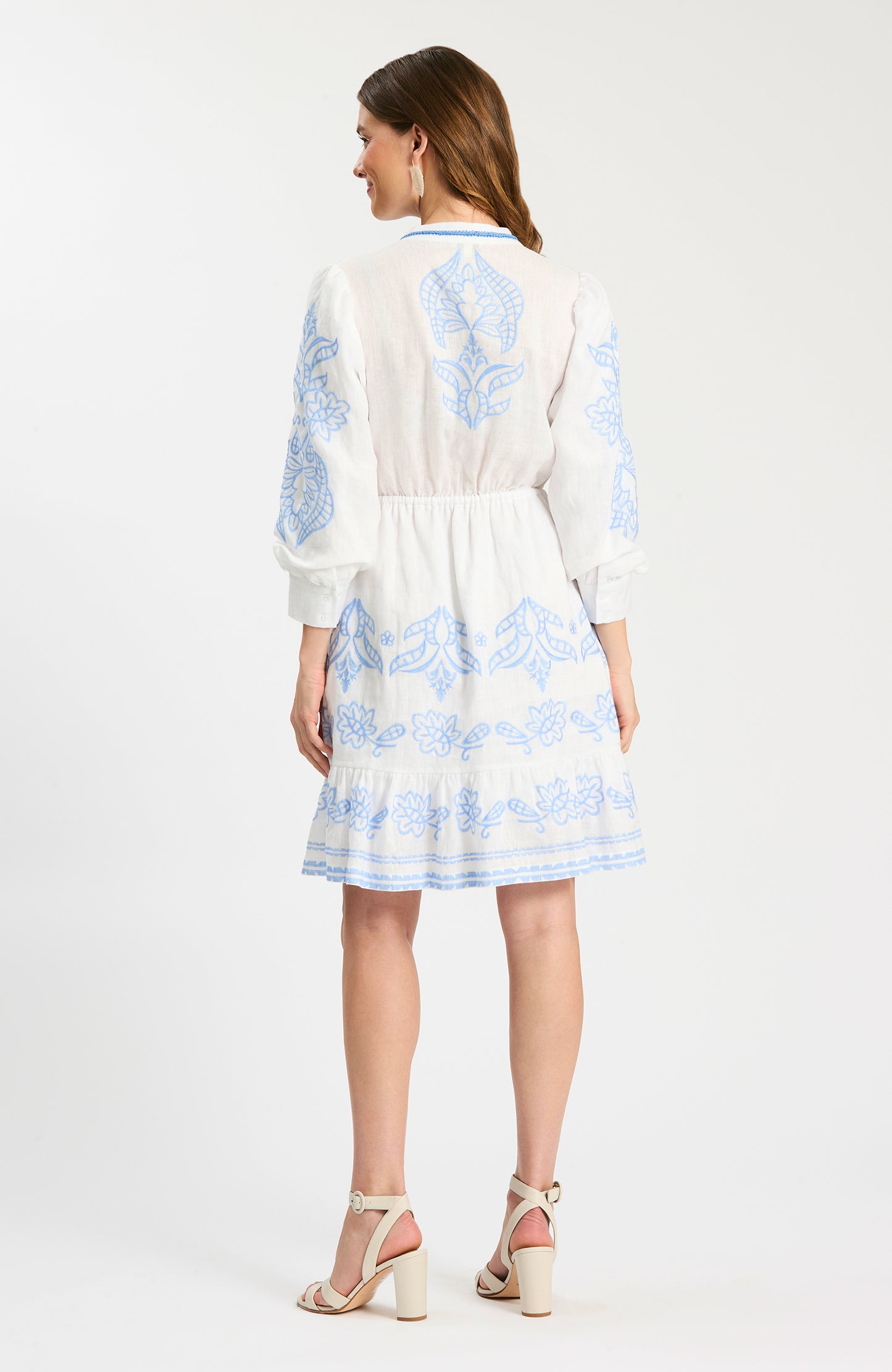 Rona Linen Embroidered Dress in white linen with blue floral embroidery, tie waist, Tyler Boe