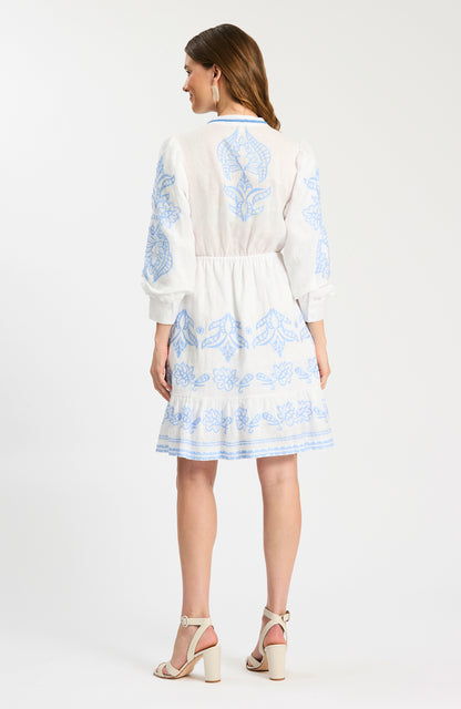 Rona Linen Embroidered Dress in white linen with blue floral embroidery, tie waist, Tyler Boe