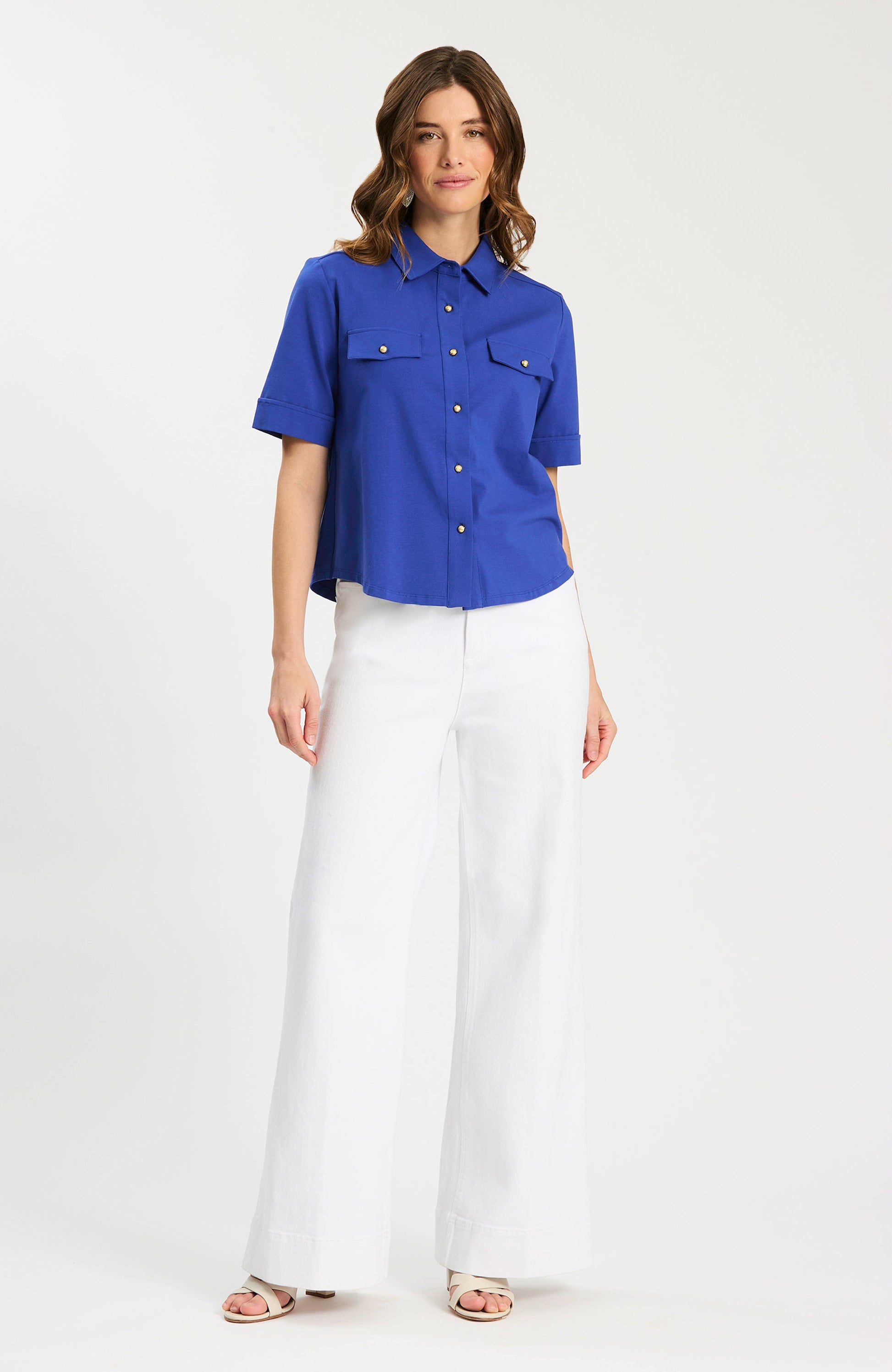 Gold Button Club Shirt in vibrant blue cotton-spandex with gold-tone buttons, Fredericksburg boutique