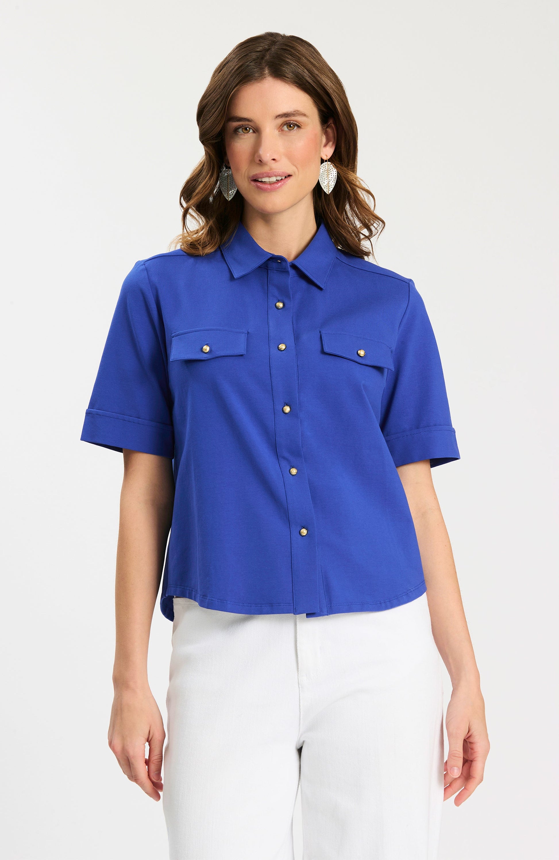 Gold Button Club Shirt in vibrant blue cotton-spandex with gold buttons, Tyler Boe style