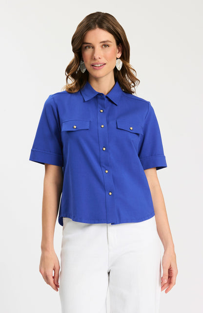 Gold Button Club Shirt in vibrant blue cotton-spandex with gold buttons, Tyler Boe style