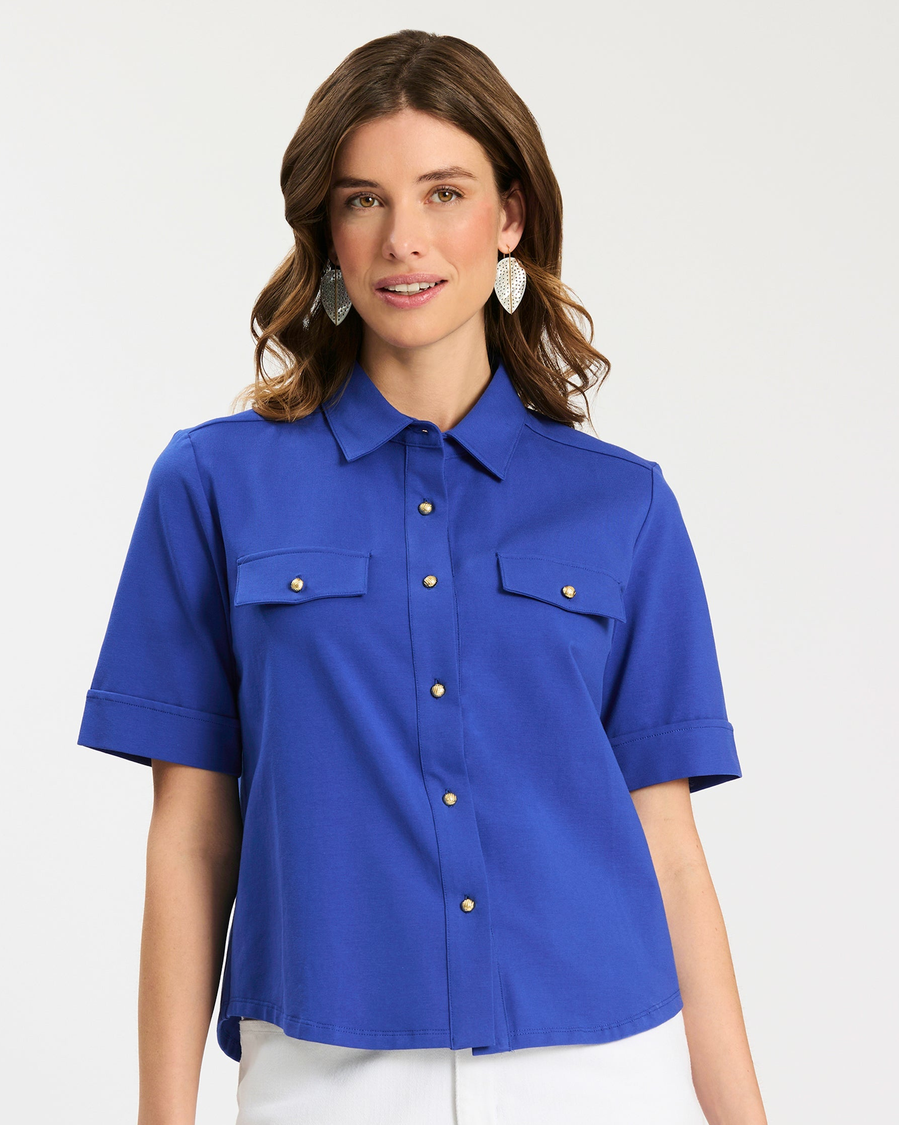 Gold Button Club Shirt in blue and white cotton-spandex with gold-tone buttons, Tyler Boe style