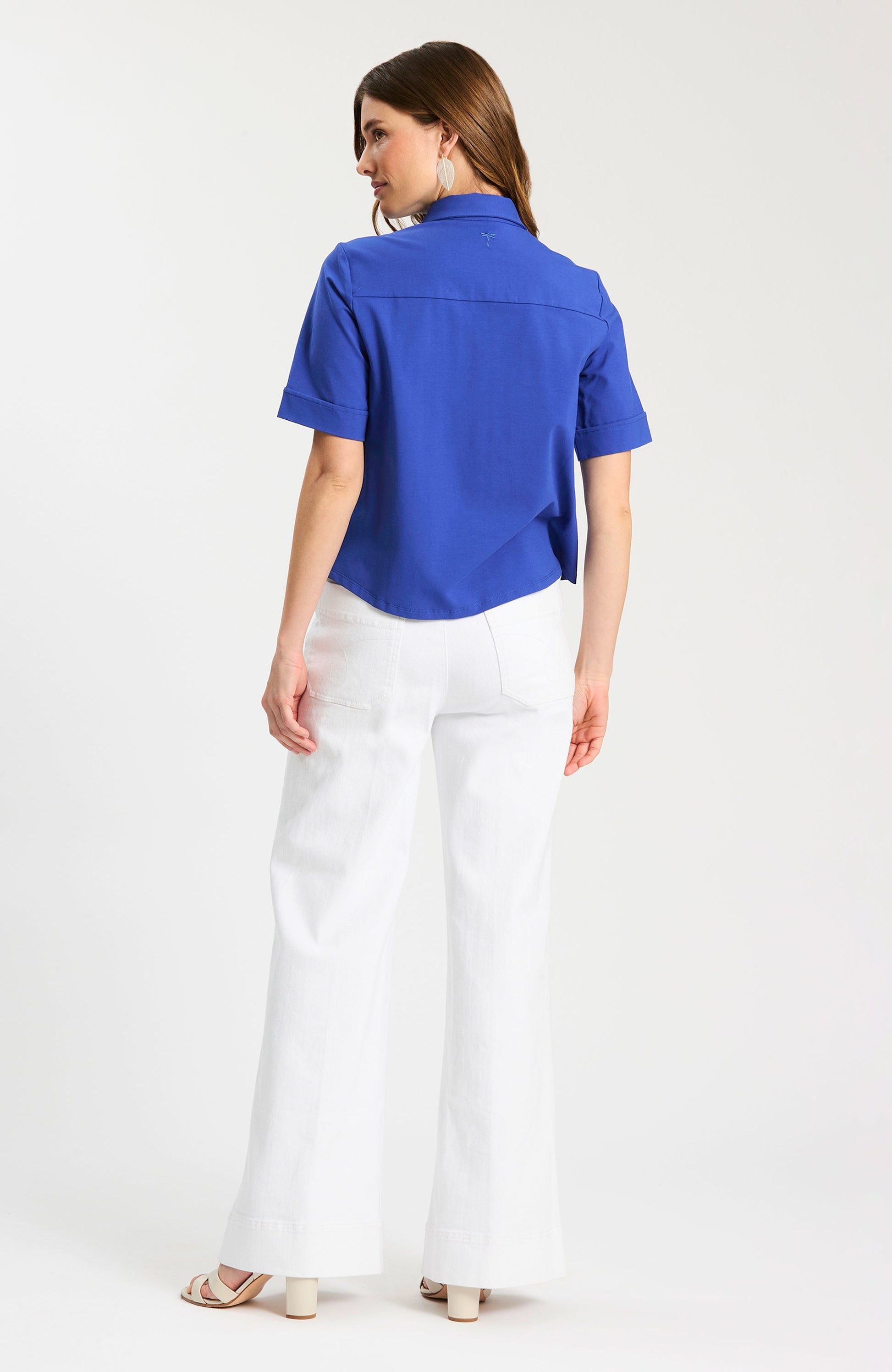 Gold Button Club Shirt in blue cotton-spandex, short sleeves, relaxed fit, Tyler Boe women's style