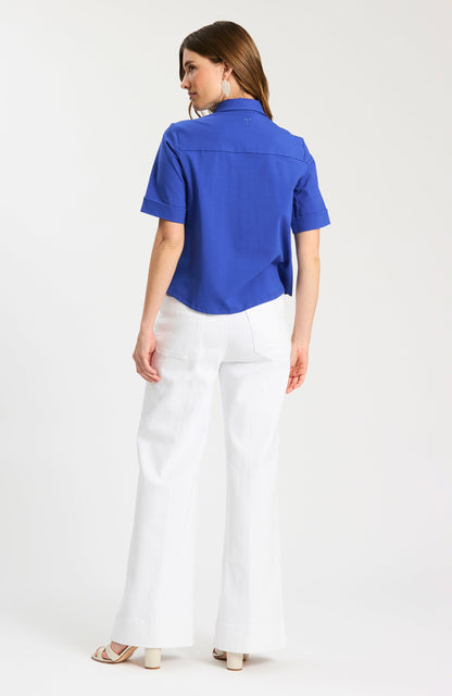 Gold Button Club Shirt in blue cotton-spandex, short sleeves, relaxed fit, Tyler Boe women's style