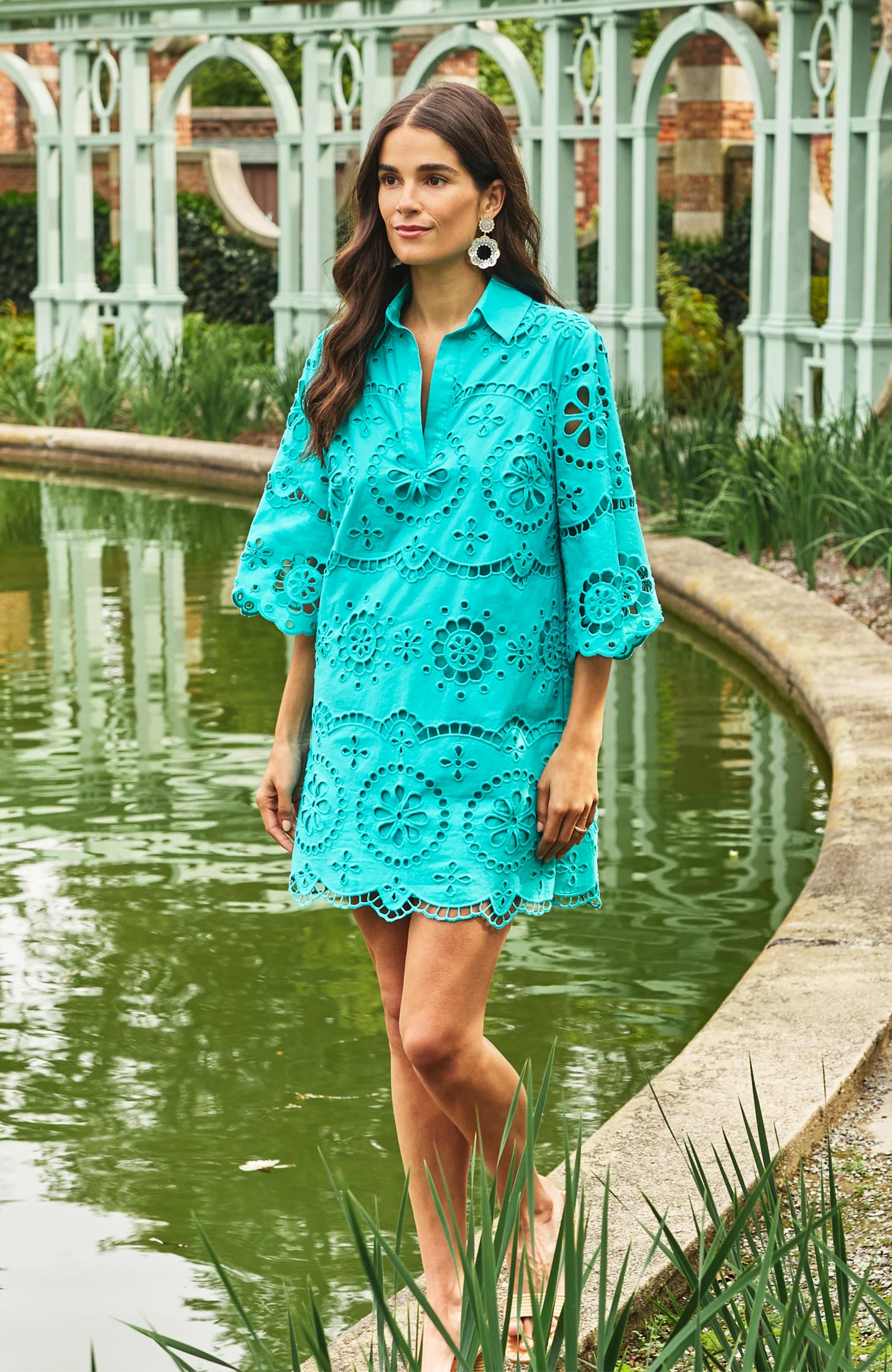 Penny Eyelet Dress - Ceramic in blue with intricate cutout eyelet and flared sleeves, Tyler Boe style