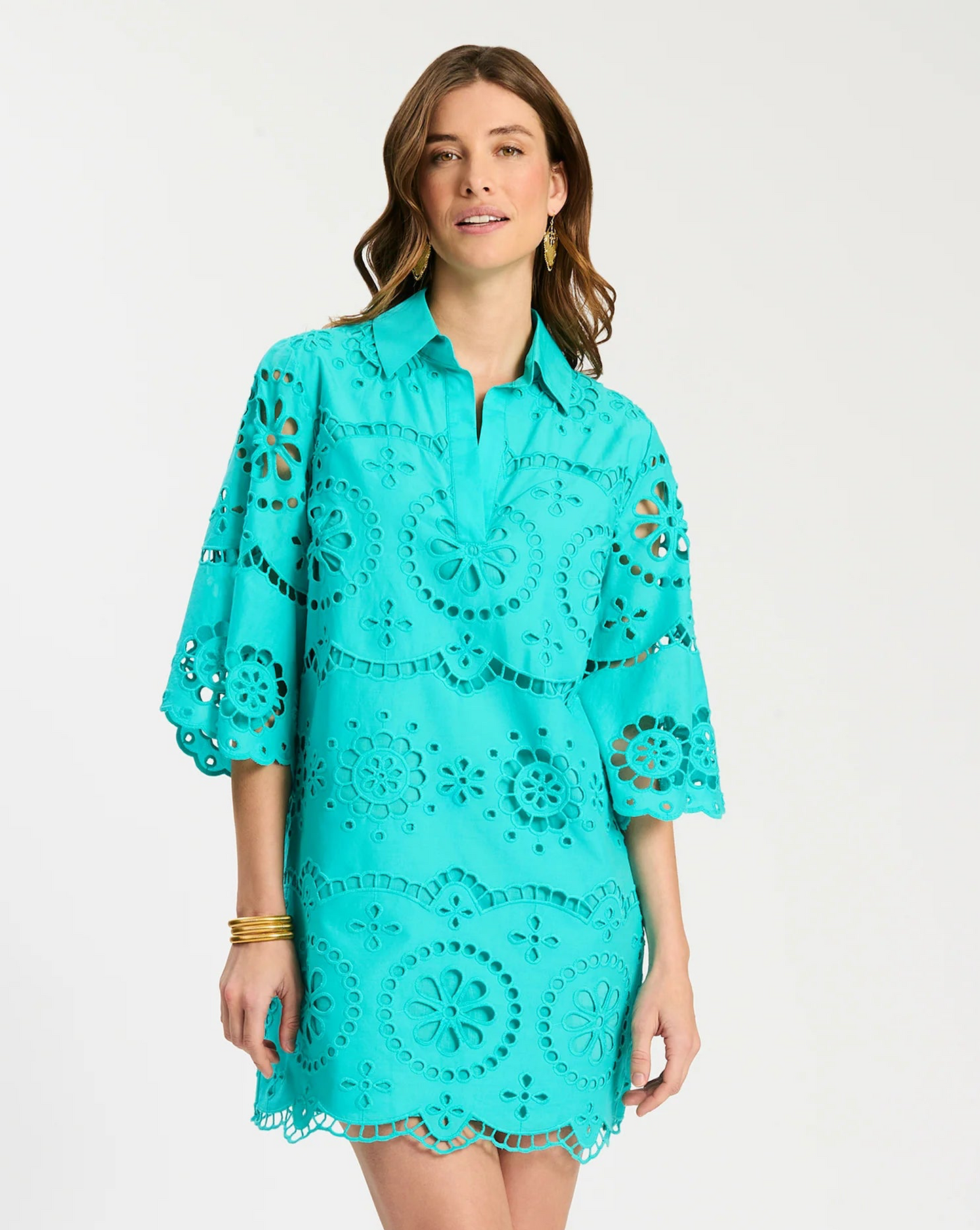 Penny Eyelet Dress - Ceramic blue eyelet tunic with flared sleeves, Tyler Boe, HCO Fredericksburg