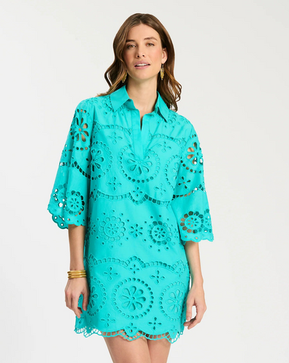 Penny Eyelet Dress - Ceramic blue eyelet tunic with flared sleeves, Tyler Boe, HCO Fredericksburg