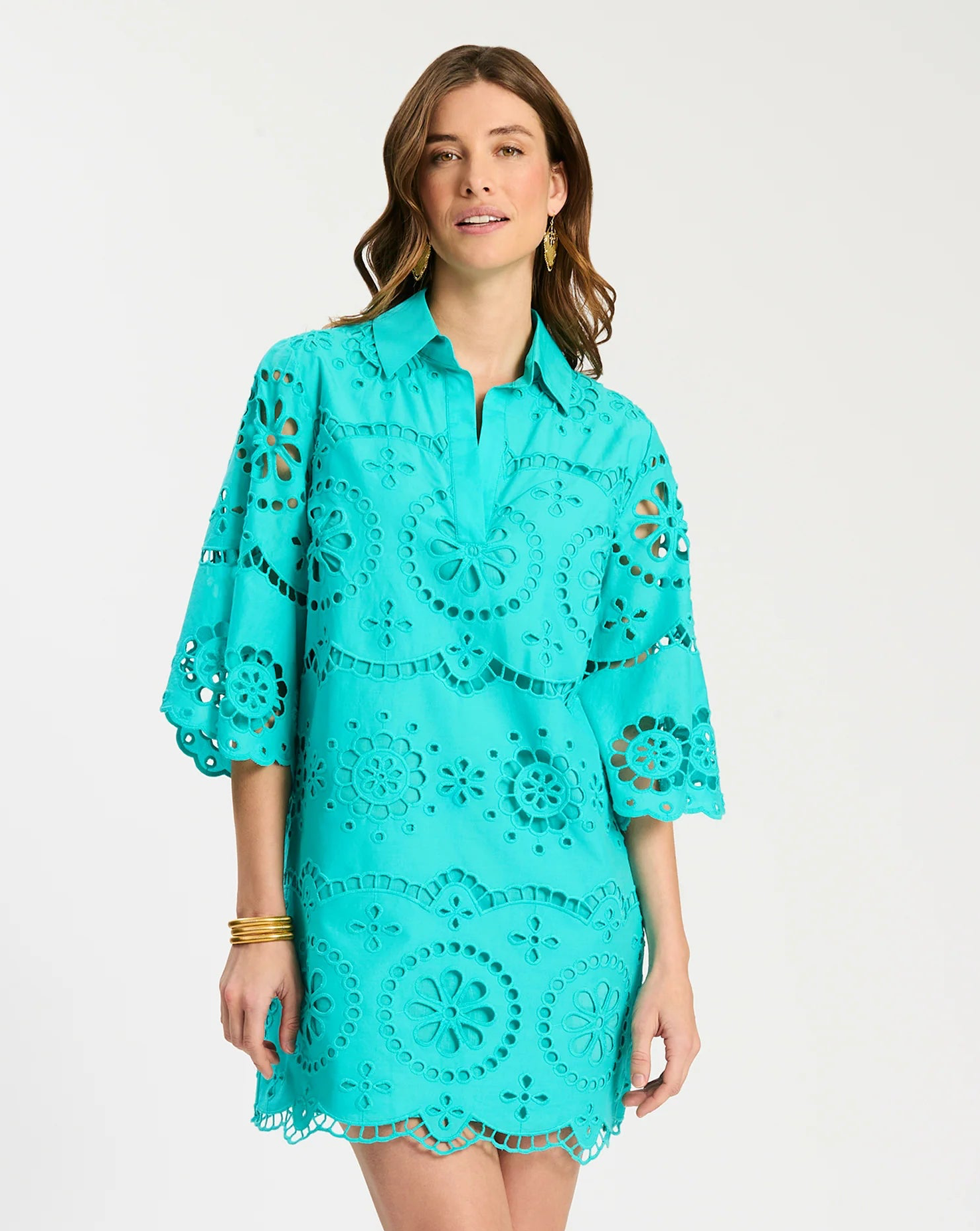 Penny Eyelet Dress - Ceramic blue eyelet tunic with flared sleeves, Tyler Boe, HCO Fredericksburg