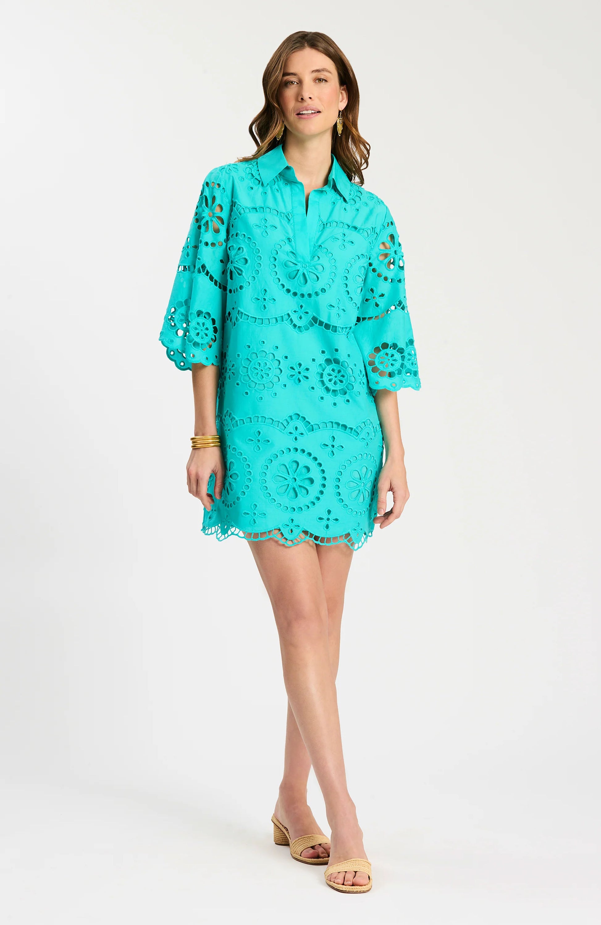 Penny Eyelet Dress - Ceramic in blue with eyelet detail and flared sleeves, Tyler Boe, HCO style