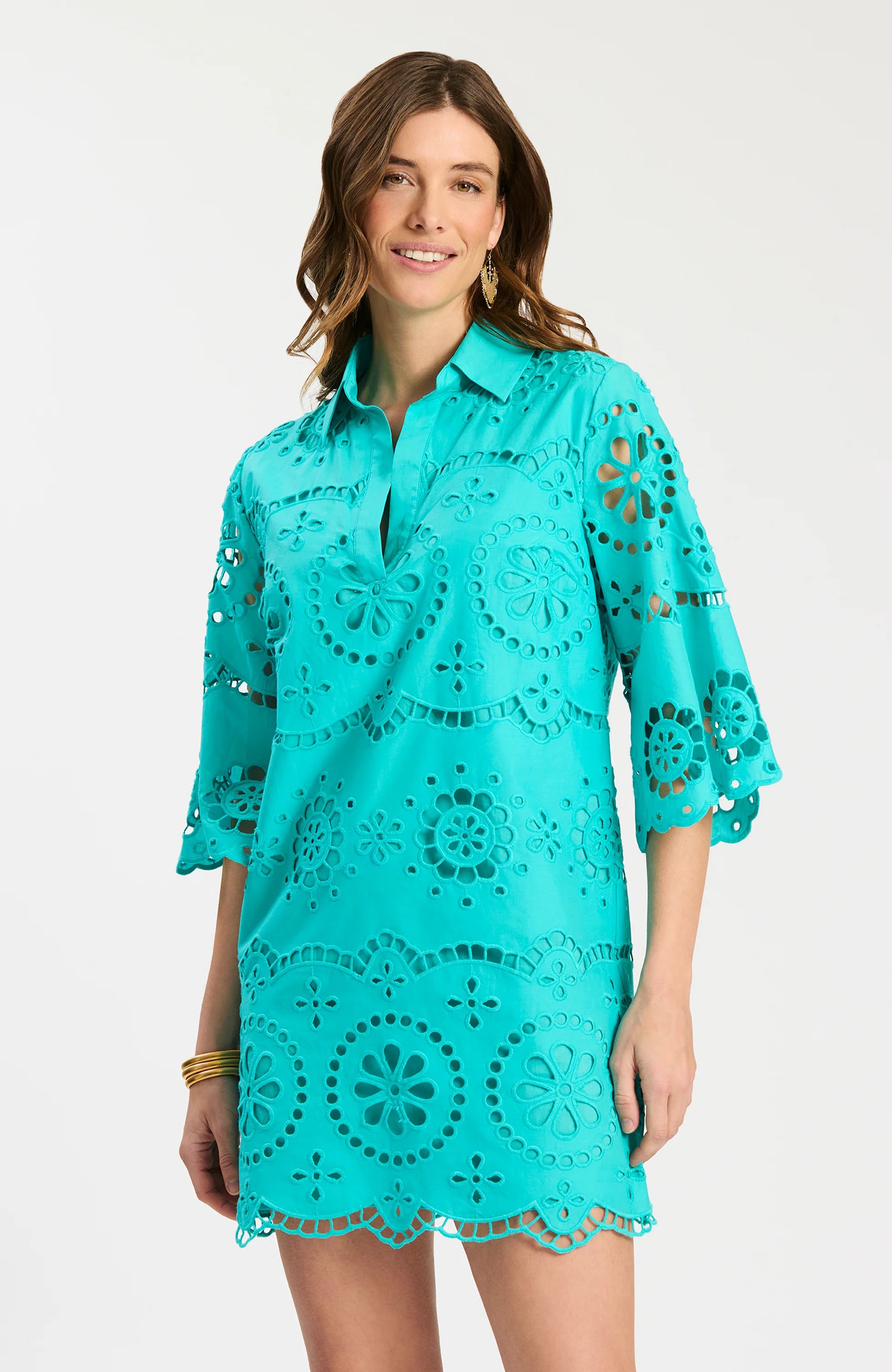 Penny Eyelet Dress - Ceramic in bright blue with floral cutout eyelet, Tyler Boe, HCO Fredericksburg