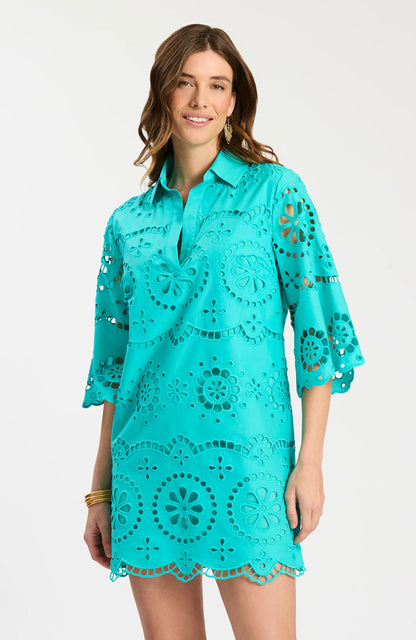Penny Eyelet Dress - Ceramic in bright blue with floral cutout eyelet, Tyler Boe, HCO Fredericksburg