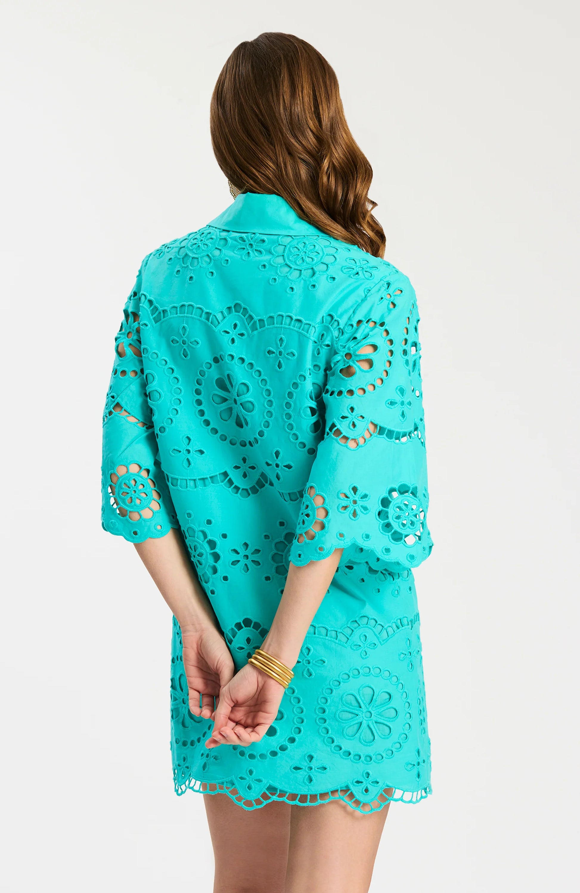 Penny Eyelet Dress - Ceramic in vibrant blue with detailed eyelet and flared sleeves, Tyler Boe style
