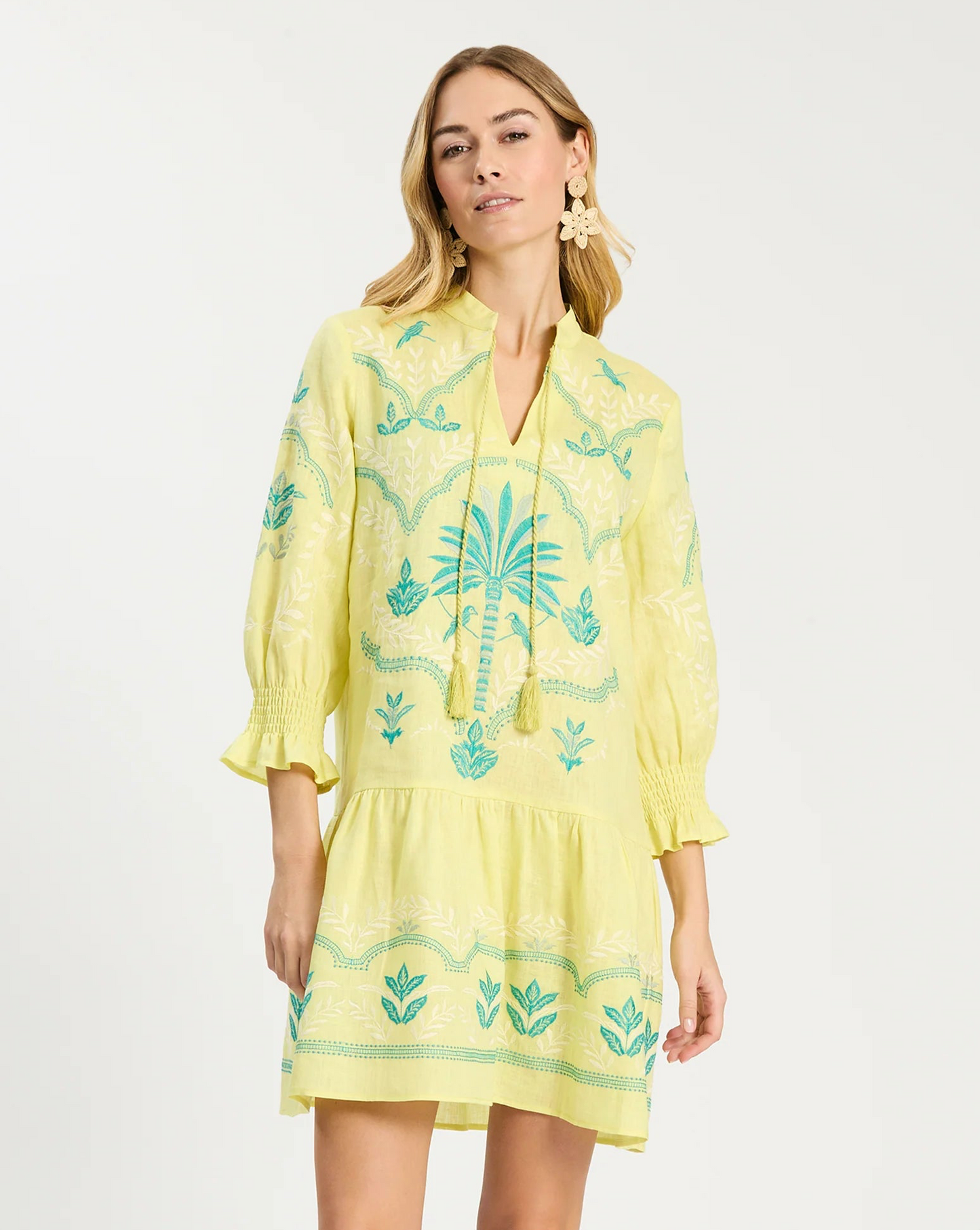 Nikki Linen Embroidered Dress in sunny lime with intricate blue embroidery, relaxed fit, Tyler Boe style