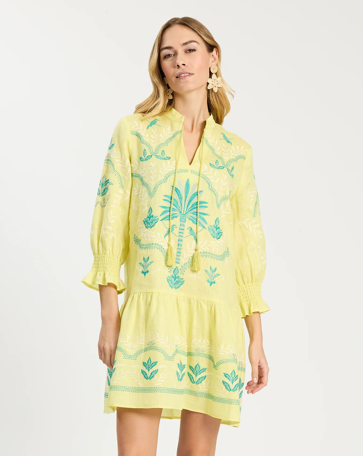 Nikki Linen Embroidered Dress in sunny lime with intricate blue embroidery, relaxed fit, Tyler Boe style