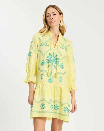 Nikki Linen Embroidered Dress in sunny lime with intricate blue embroidery, relaxed fit, Tyler Boe style