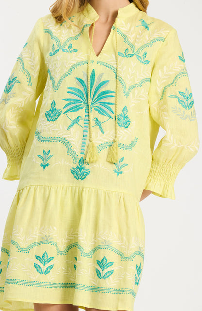 Nikki Linen Embroidered Dress in sunny lime with intricate blue embroidery, Tyler Boe, HCO collection