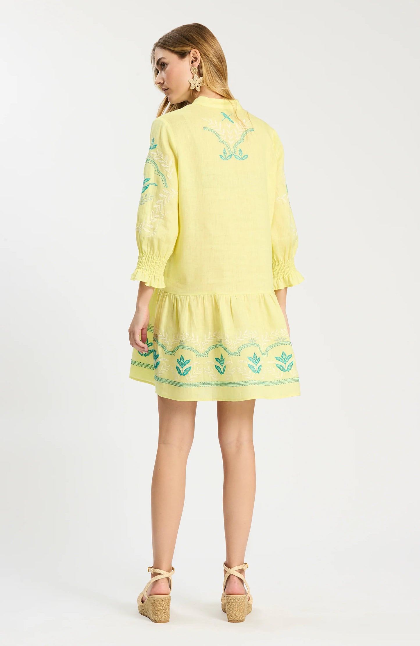 Nikki Linen Embroidered Dress in sunny lime with blue embroidery, relaxed fit, Tyler Boe, HCO collection