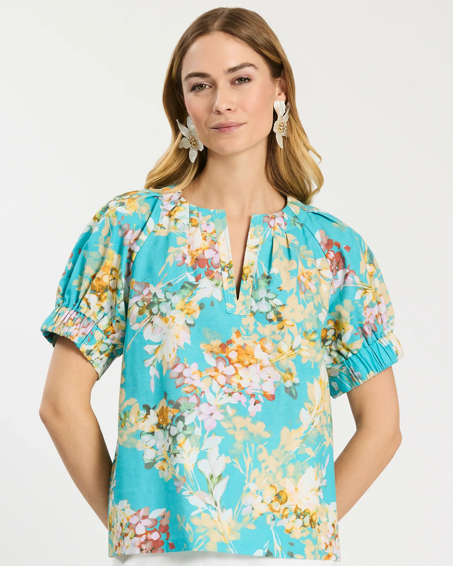 Skyler Tossed Floral Top in vibrant floral print, lightweight linen-cotton, Women's Short Sleeve Shirts