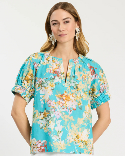 Skyler Tossed Floral Top in vibrant floral print, lightweight linen-cotton, Women's Short Sleeve Shirts