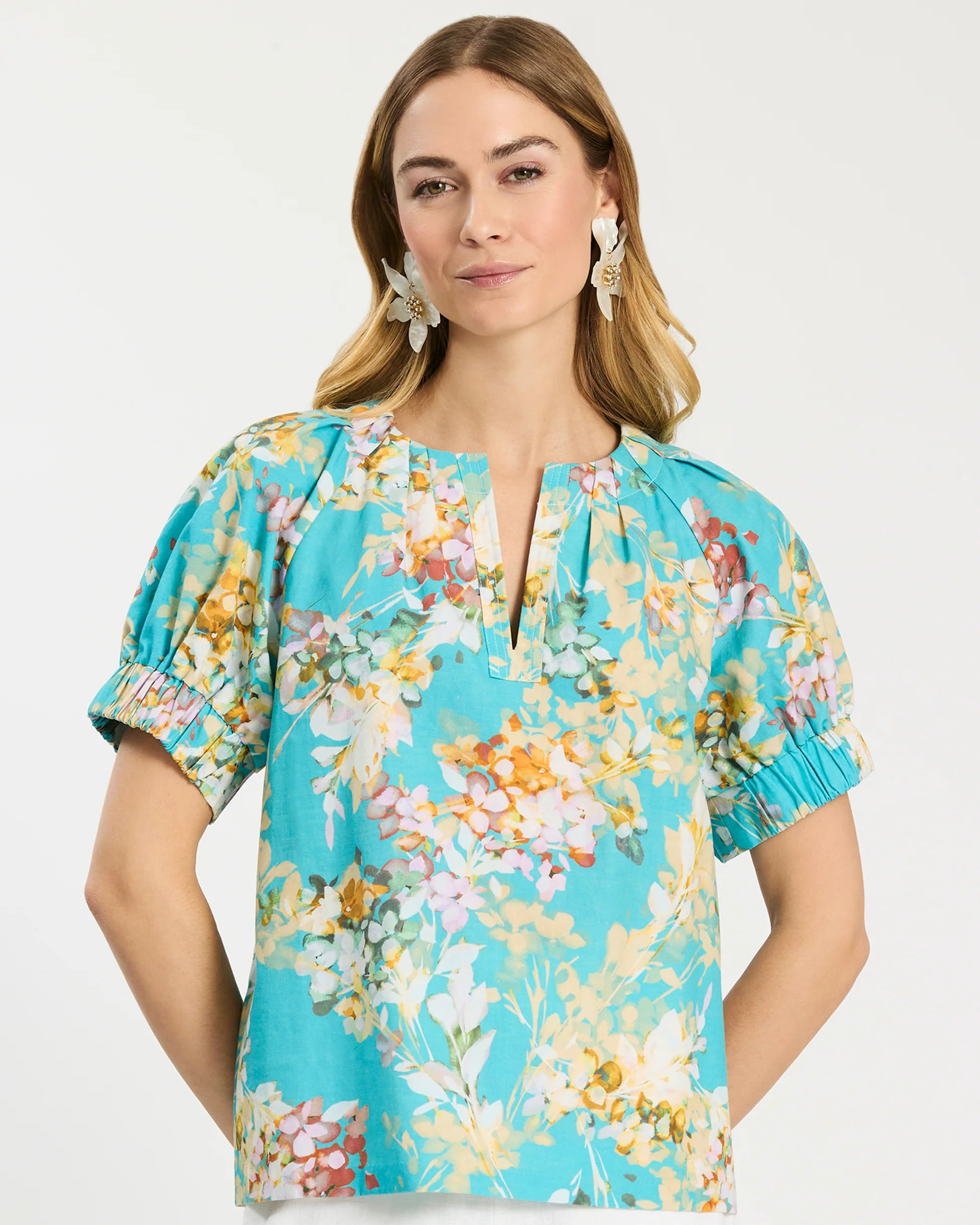 Skyler Tossed Floral Top in vibrant floral print, lightweight linen-cotton, Women's Short Sleeve Shirts