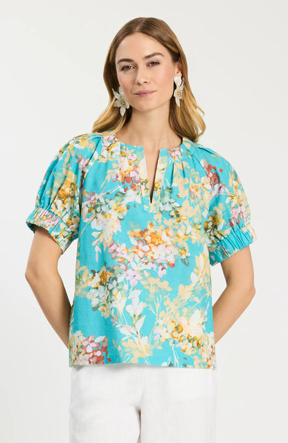 Skyler Tossed Floral Top in floral linen-cotton blend, relaxed fit, Women's Short Sleeve Shirts