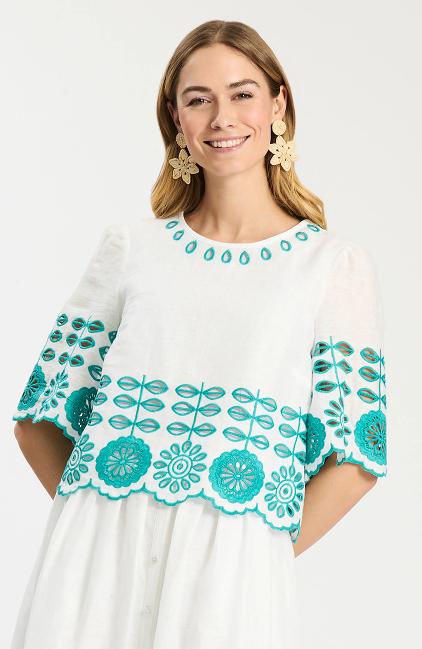 Isla Embroidered Top in white linen with turquoise floral embroidery, Tyler Boe, HCO boutiques