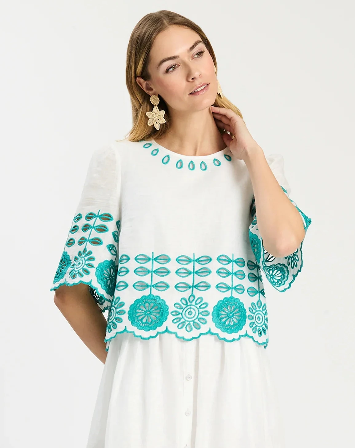 Isla Embroidered Top in white linen with turquoise floral embroidery, Tyler Boe, Women's shirts HCO