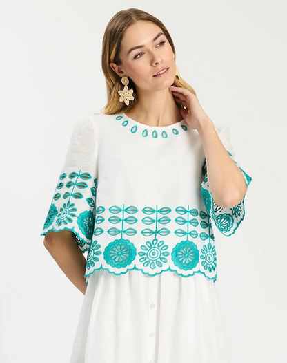 Isla Embroidered Top in white linen with turquoise floral embroidery, Tyler Boe, Women's shirts HCO