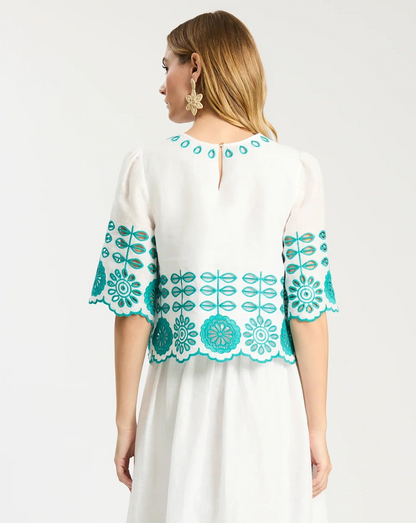 Isla Embroidered Top in white linen with turquoise floral embroidery, Tyler Boe, HCO boutique
