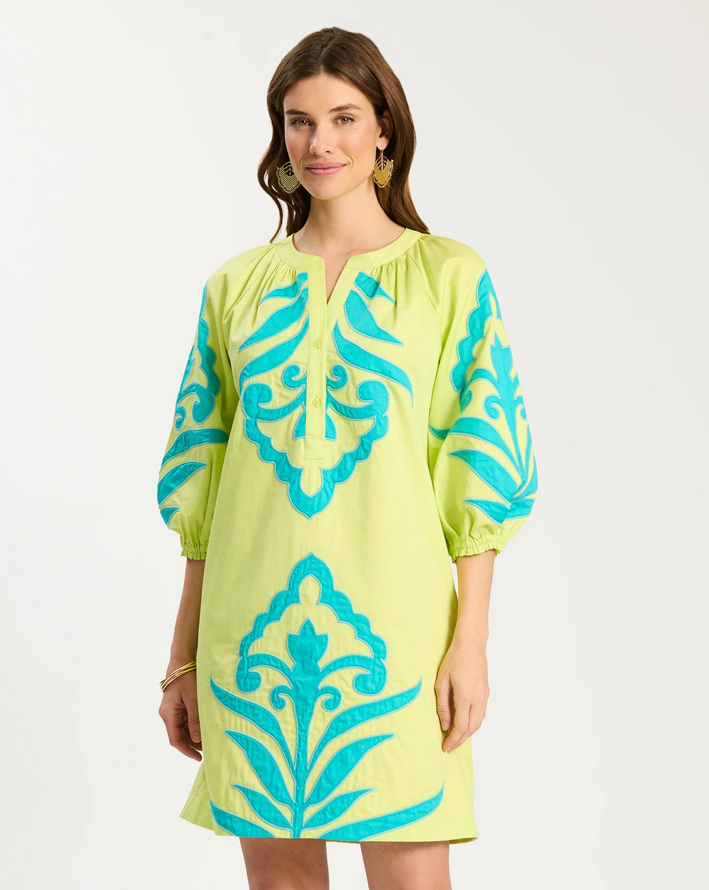 Sarah Applique Dress in yellow with blue applique, stretchable fabric, Tyler Boe, HCO collection