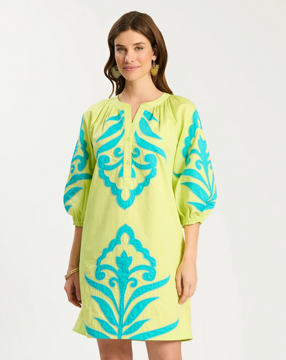 Sarah Applique Dress in yellow with blue applique, stretchable fabric, Tyler Boe, HCO collection