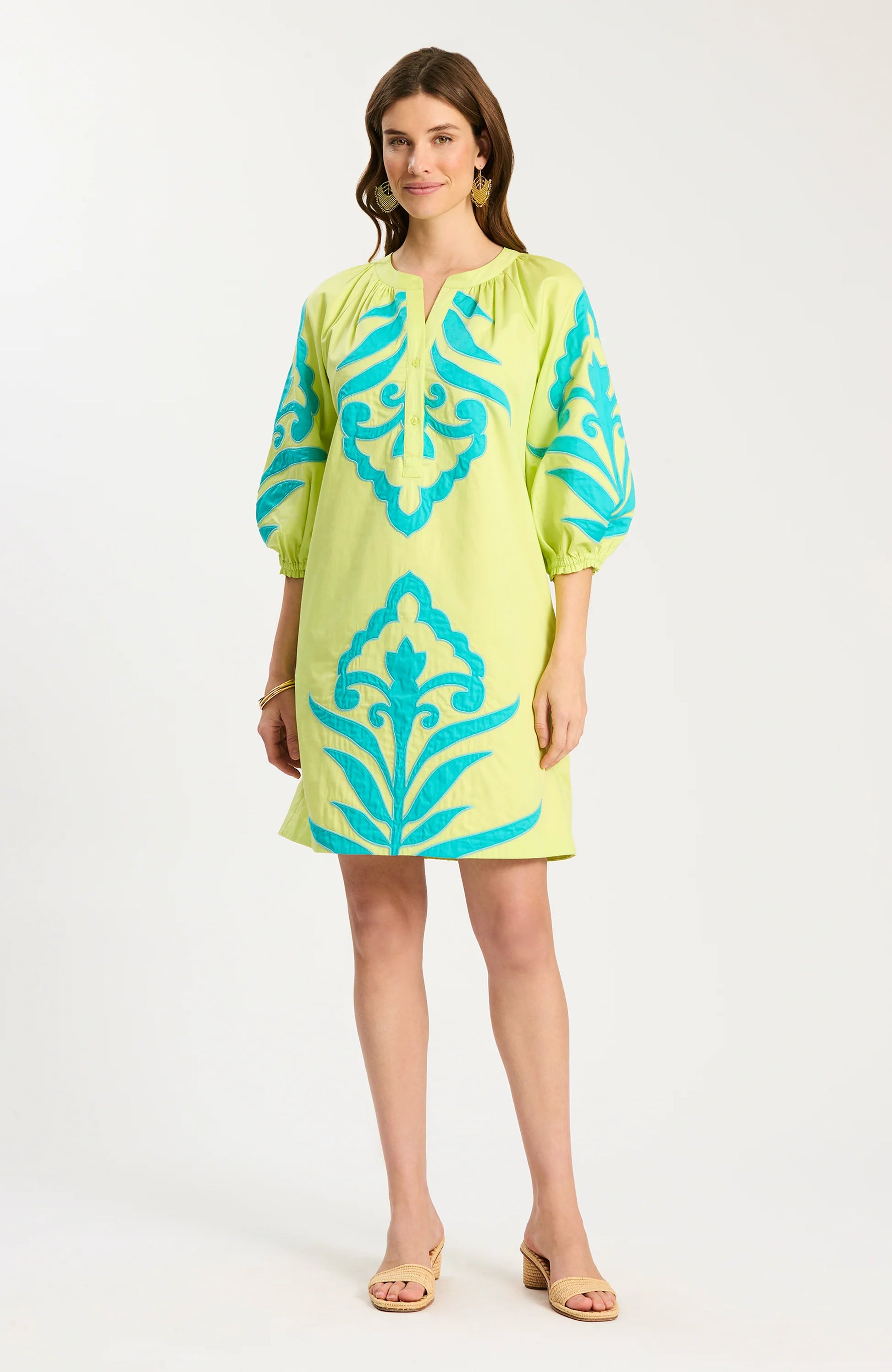 Sarah Applique Dress in sunny lime with bold blue applique, stretchable fabric, Tyler Boe style