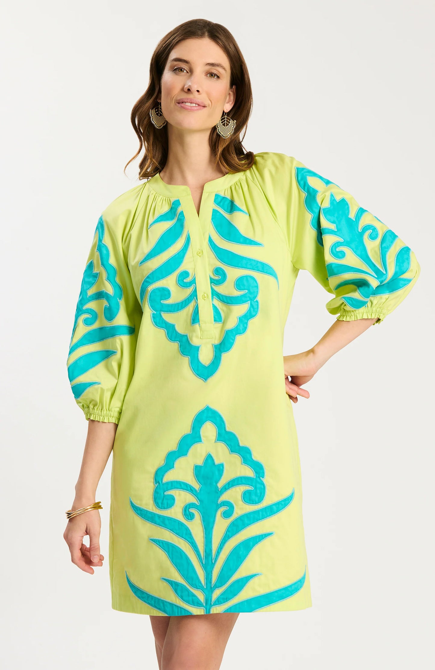 Sarah Applique Dress in sunny yellow with bold blue applique, stretch fabric, Tyler Boe style