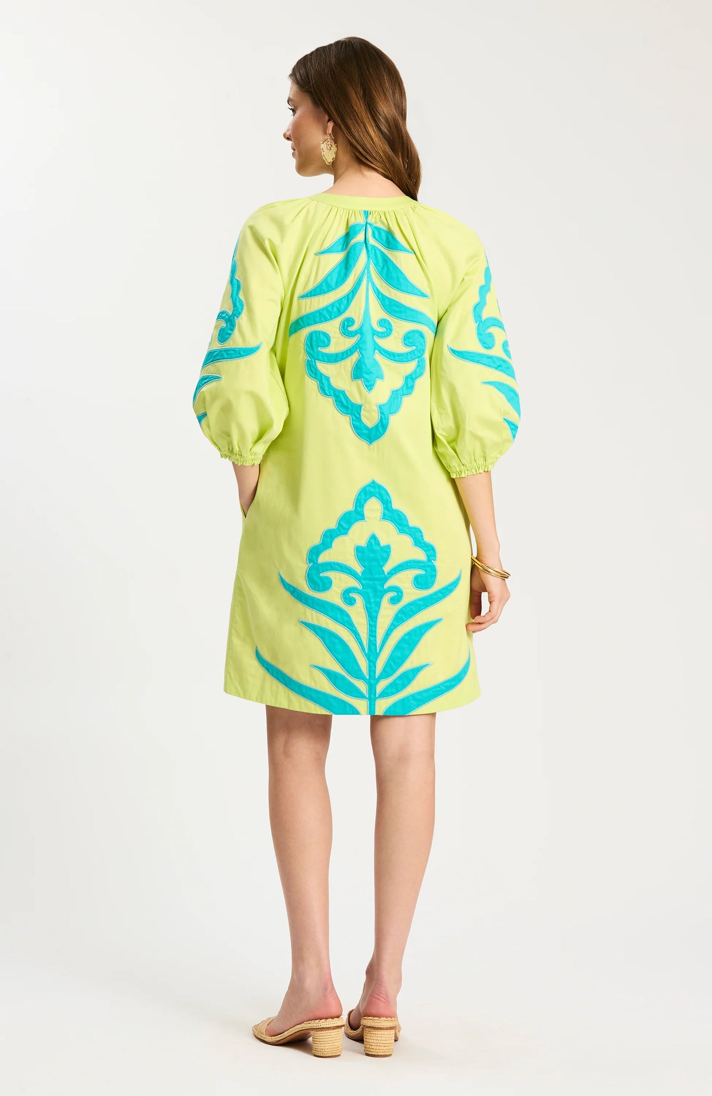 Sarah Applique Dress in sunny lime yellow with bold blue applique, stretchable fabric, Tyler Boe style