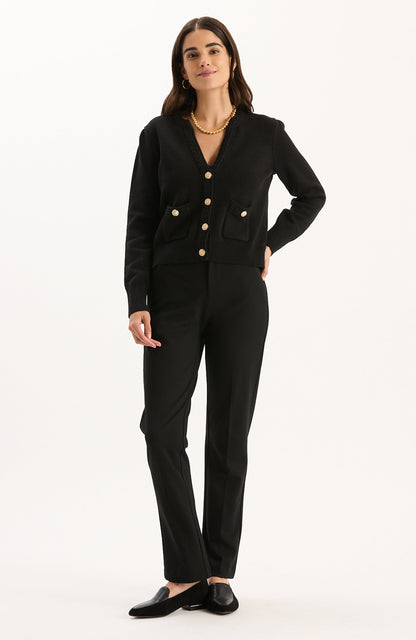 Mallory Gold Button Cardigan in black with gold buttons, curated Fredericksburg TX boutique